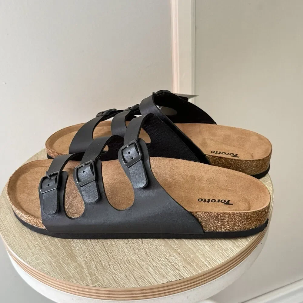 NWT Torotto Mens Slides with Cork Footbed Open Toe Flat Sandals,Black, Size 44
